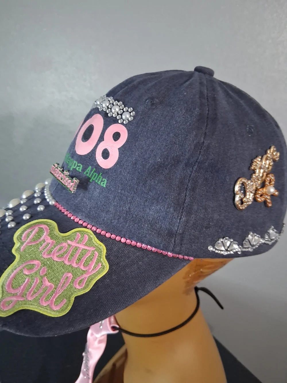 AKA Hand Crafted Navy Alpha Kappa Alpha 1908 Rhinestone Pearl Cap